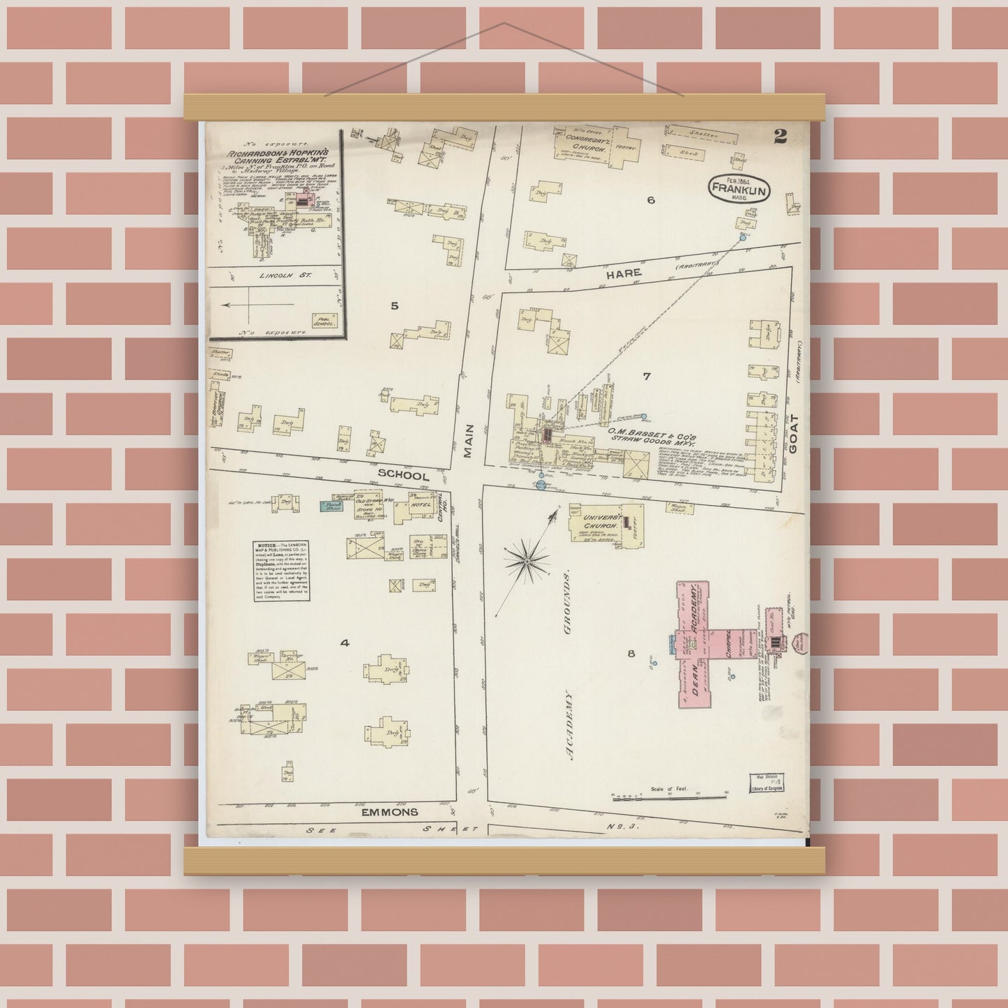 Old map wall art mockup — magnetic wood frame on brick wall — Sanborn Fire Insurance Map from Franklin, Norfolk County, Massachusetts (1884), Sheet #0002