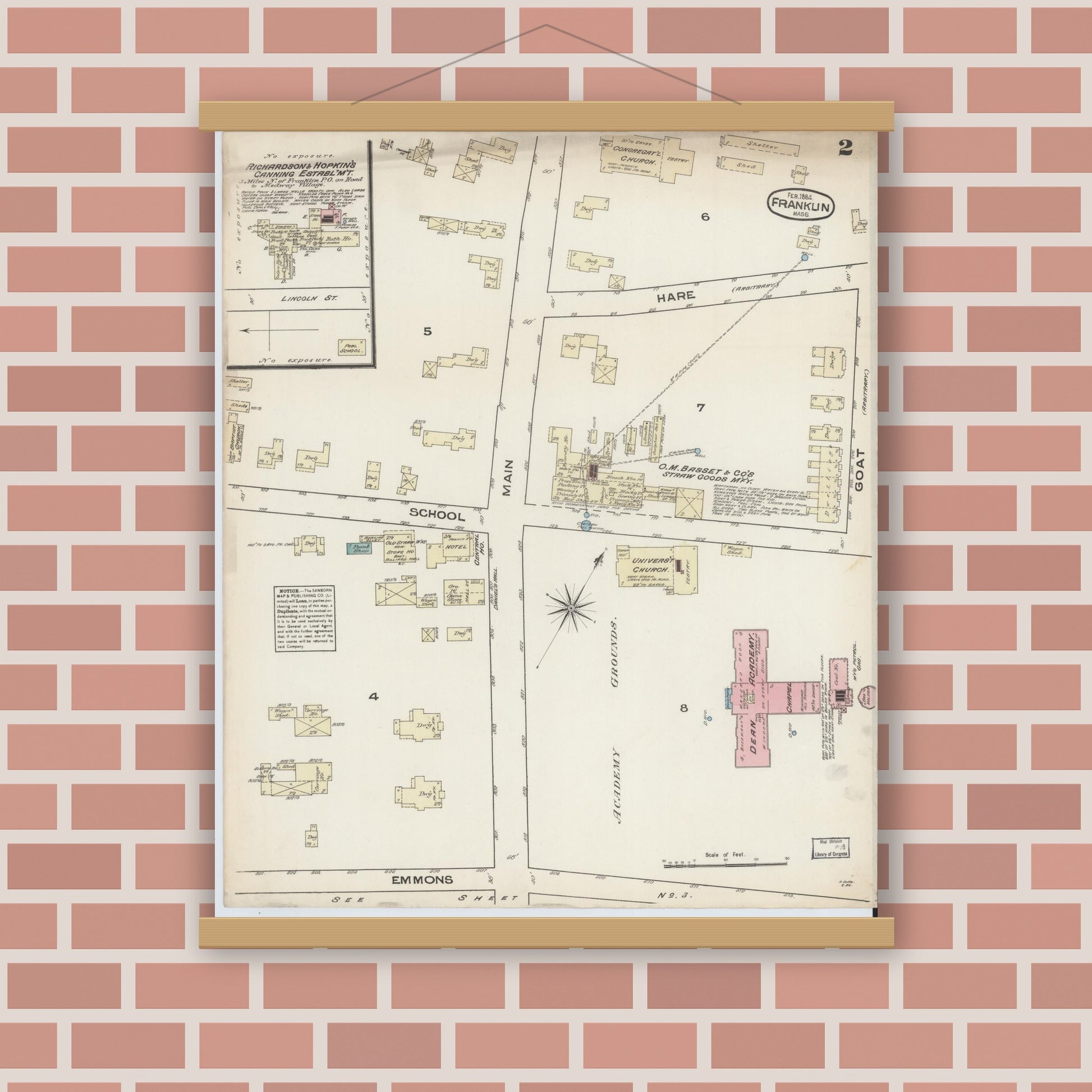 Old map wall art mockup — magnetic wood frame on brick wall — Sanborn Fire Insurance Map from Franklin, Norfolk County, Massachusetts (1884), Sheet #0002