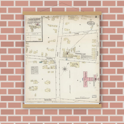 Old map wall art mockup — magnetic wood frame on brick wall — Sanborn Fire Insurance Map from Franklin, Norfolk County, Massachusetts (1884), Sheet #0002