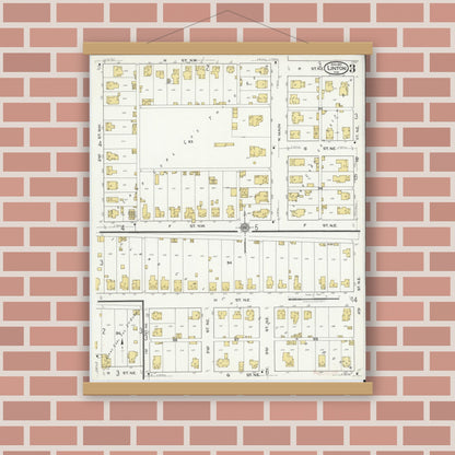 Old map wall art mockup — magnetic wood frame on brick wall — Sanborn Fire Insurance Map from Linton, Greene County, Indiana (1921), Sheet #0003