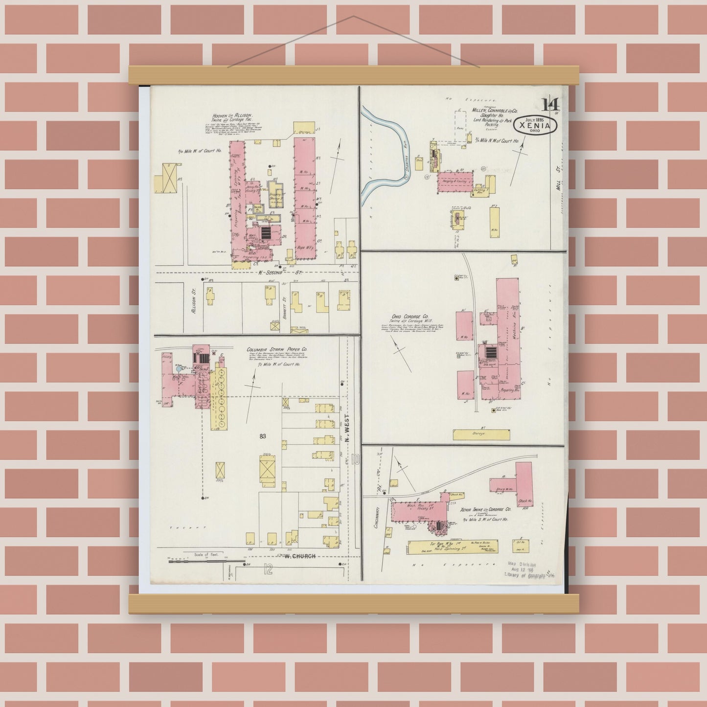 Old map wall art mockup — magnetic wood frame on brick wall — Sanborn Fire Insurance Map from Xenia, Greene County, Ohio (1895), Sheet #0014