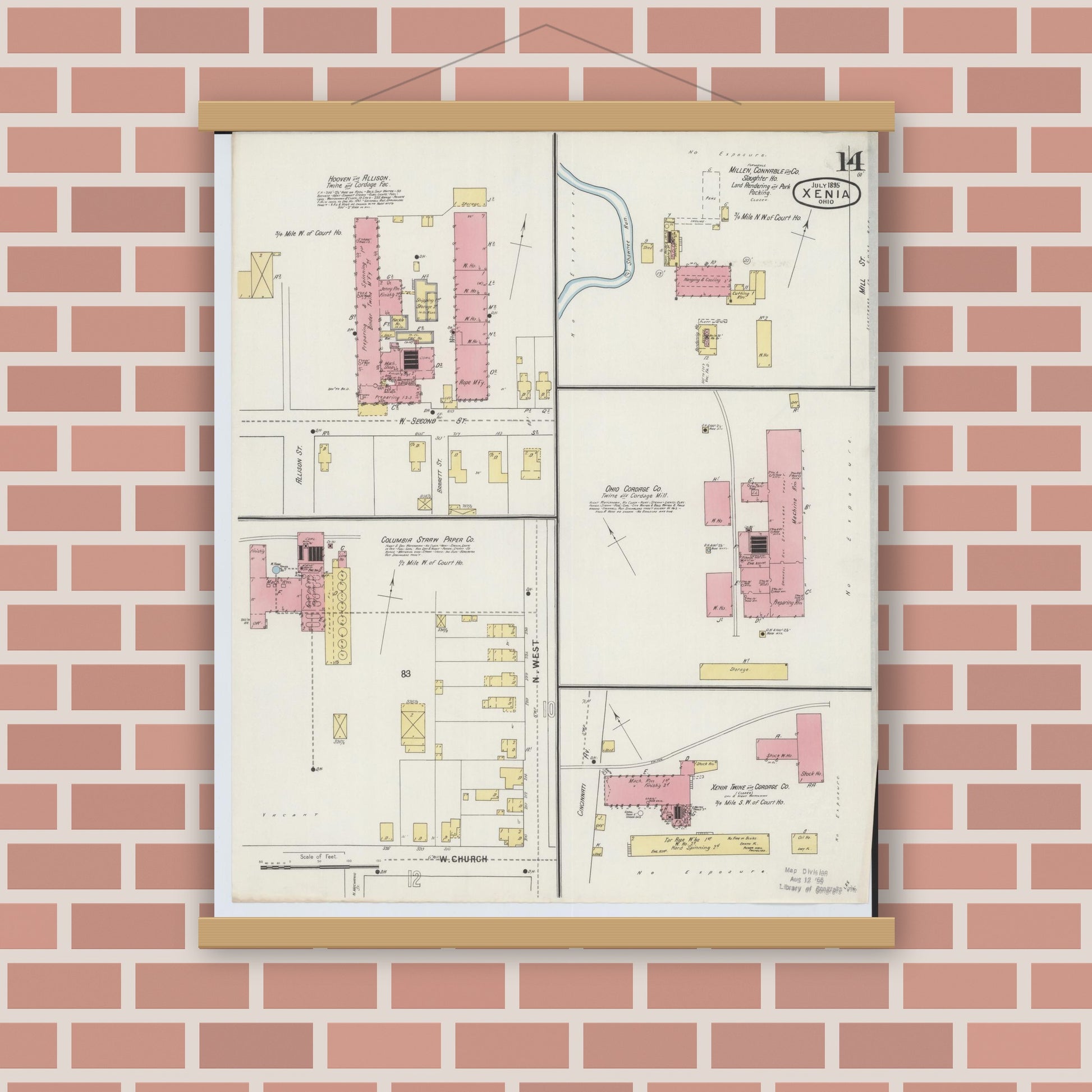 Old map wall art mockup — magnetic wood frame on brick wall — Sanborn Fire Insurance Map from Xenia, Greene County, Ohio (1895), Sheet #0014