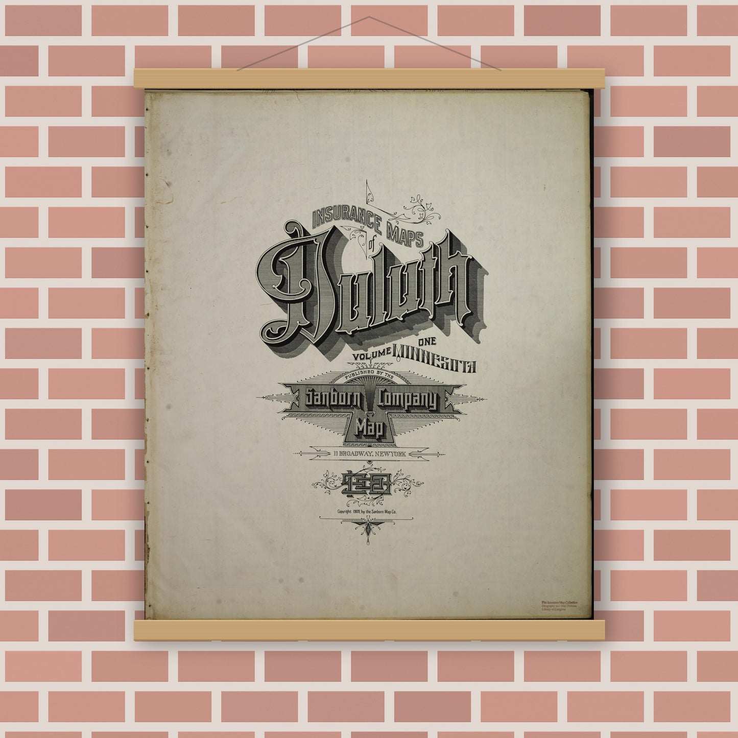 Old map wall art mockup — magnetic wood frame on brick wall — Sanborn Fire Insurance Map from Duluth, Saint Louis County, Minnesota (1908), Sheet #0001