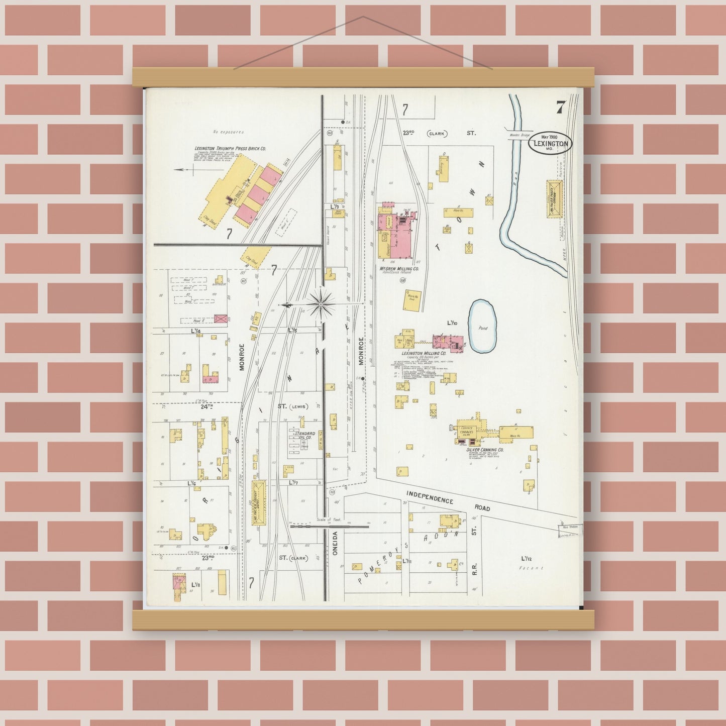 Old map wall art mockup — magnetic wood frame on brick wall — Sanborn Fire Insurance Map from Lexington, Lafayette County, Missouri (1900), Sheet #0007