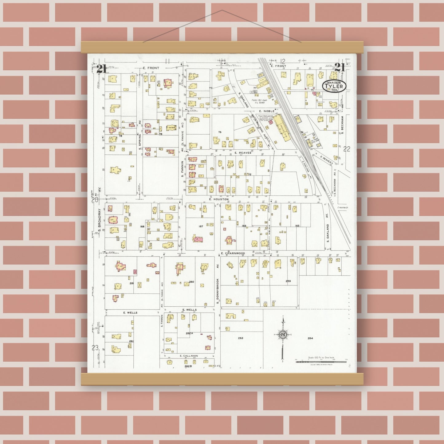 Old map wall art mockup — magnetic wood frame on brick wall — Sanborn Fire Insurance Map from Tyler, Smith County, Texas (1928), Sheet #0021