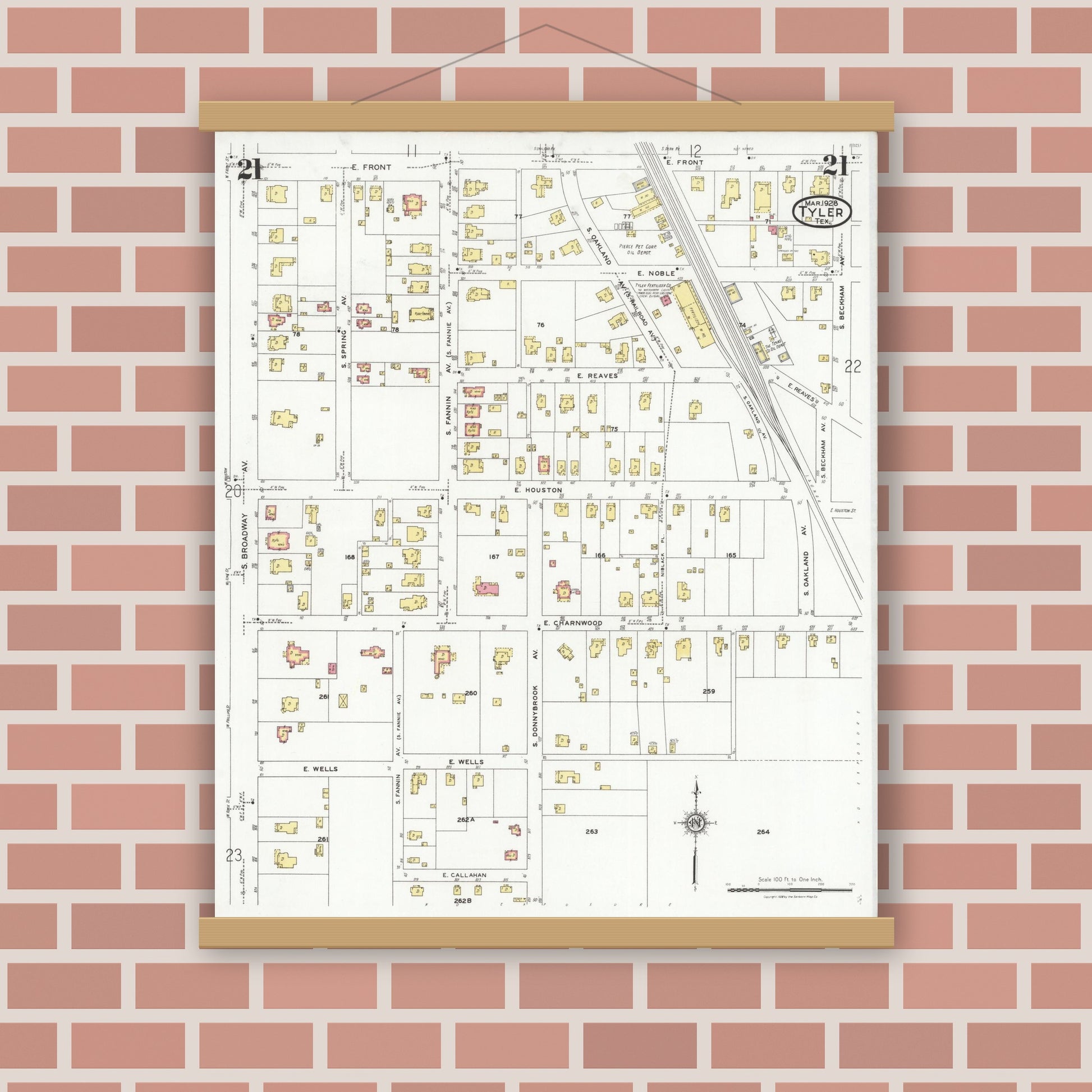 Old map wall art mockup — magnetic wood frame on brick wall — Sanborn Fire Insurance Map from Tyler, Smith County, Texas (1928), Sheet #0021