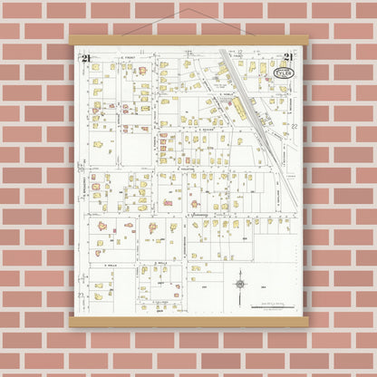 Old map wall art mockup — magnetic wood frame on brick wall — Sanborn Fire Insurance Map from Tyler, Smith County, Texas (1928), Sheet #0021