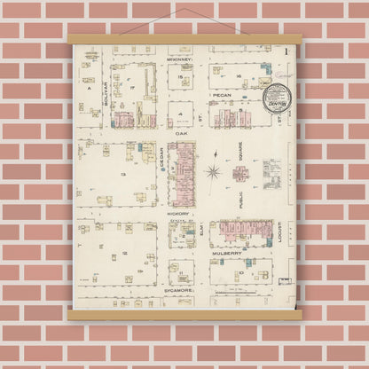 Old map wall art mockup — magnetic wood frame on brick wall — Sanborn Fire Insurance Map from Denton, Denton County, Texas (1885), Sheet #0001