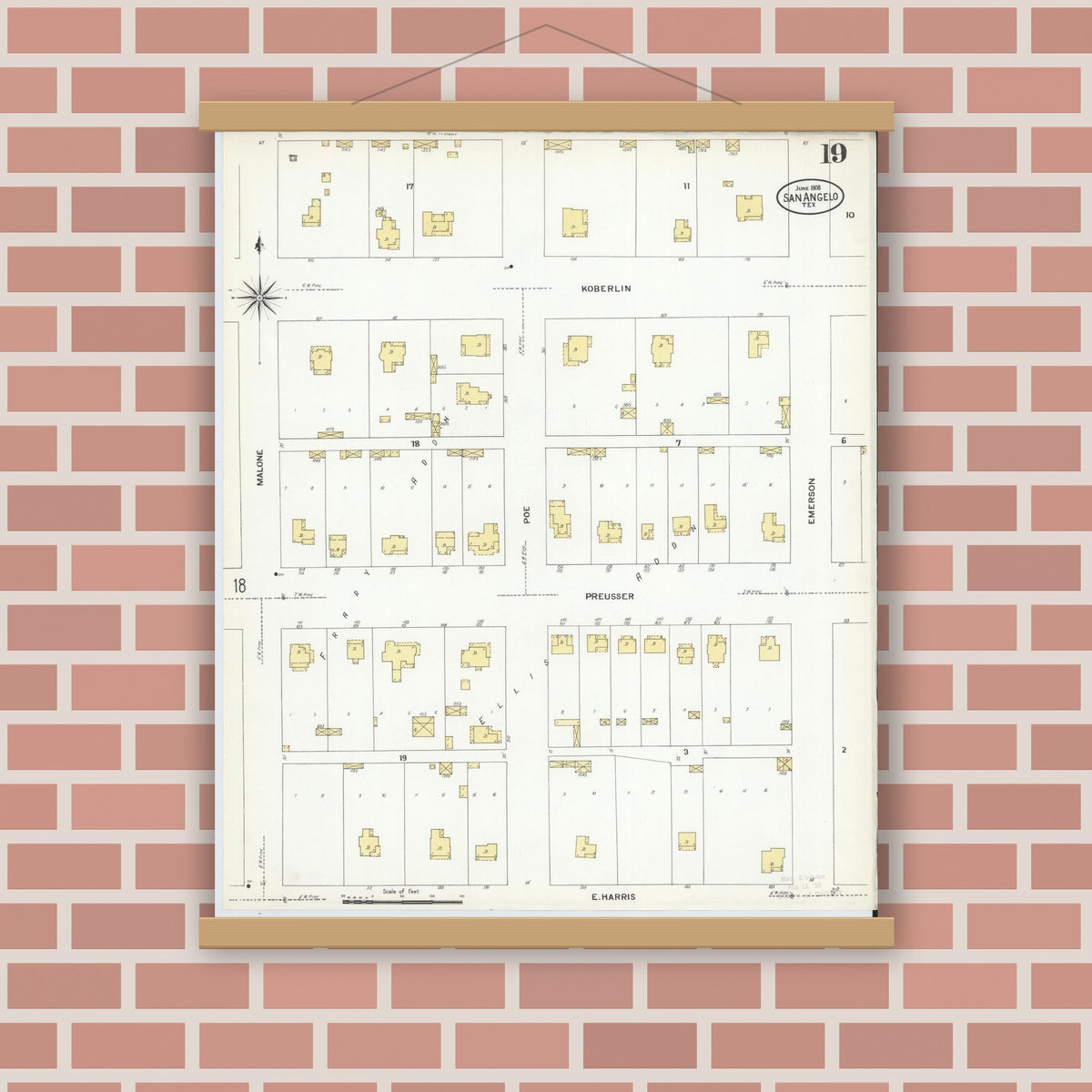 Old map wall art mockup — magnetic wood frame on brick wall — Sanborn Fire Insurance Map from San Angelo, Tom Green County, Texas (1908), Sheet #0019