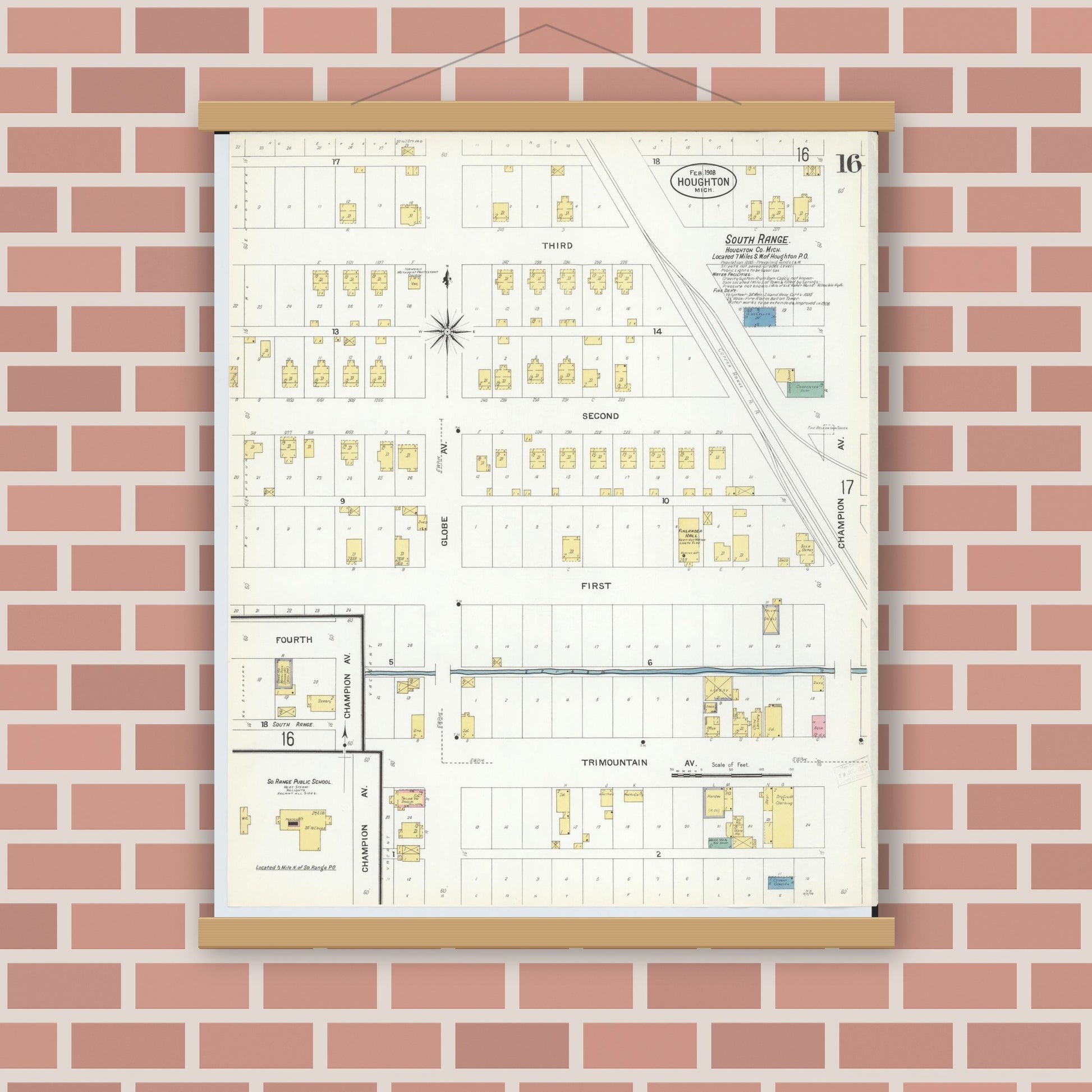 Old map wall art mockup — magnetic wood frame on brick wall — Sanborn Fire Insurance Map from Houghton, Houghton County, Michigan (1908), Sheet #0016