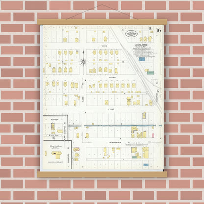 Old map wall art mockup — magnetic wood frame on brick wall — Sanborn Fire Insurance Map from Houghton, Houghton County, Michigan (1908), Sheet #0016