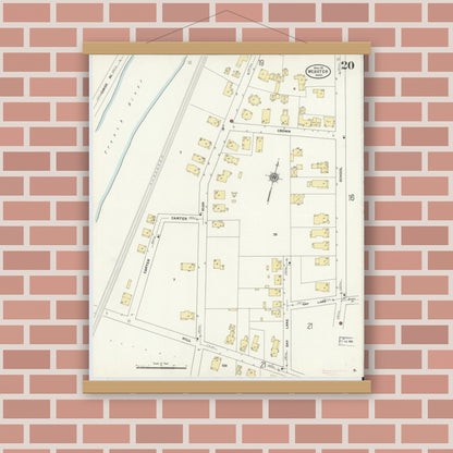 Old map wall art mockup — magnetic wood frame on brick wall — Sanborn Fire Insurance Map from Webster, Worcester County, Massachusetts (1911), Sheet #0020