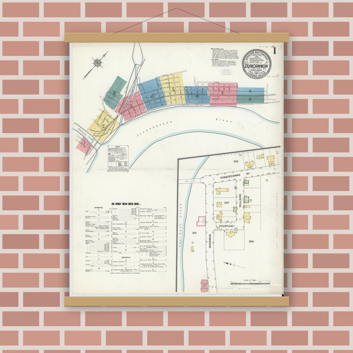 Old map wall art mockup — magnetic wood frame on brick wall — Sanborn Fire Insurance Map from Duncannon, Perry County, Pennsylvania (1911), Sheet #0001