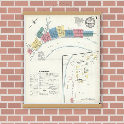 Old map wall art mockup — magnetic wood frame on brick wall — Sanborn Fire Insurance Map from Duncannon, Perry County, Pennsylvania (1911), Sheet #0001