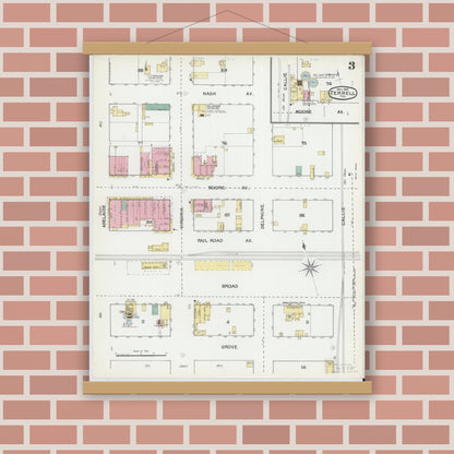 Old map wall art mockup — magnetic wood frame on brick wall — Sanborn Fire Insurance Map from Terrell, Kaufman County, Texas (1892), Sheet #0003