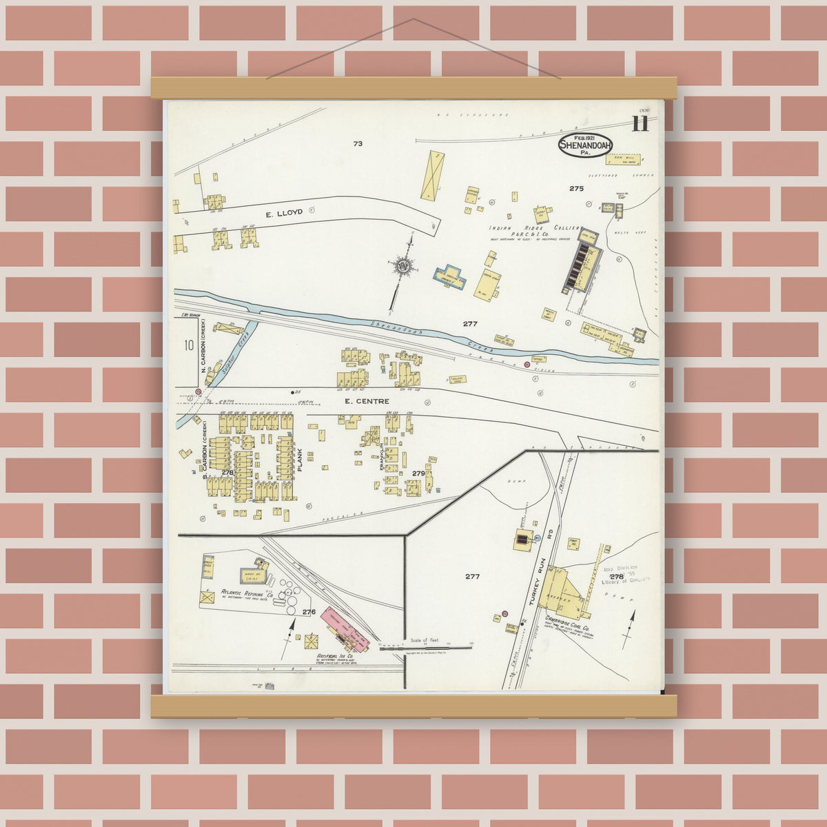 Old map wall art mockup — magnetic wood frame on brick wall — Sanborn Fire Insurance Map from Shenandoah, Schuylkill County, Pennsylvania (1921), Sheet #0011