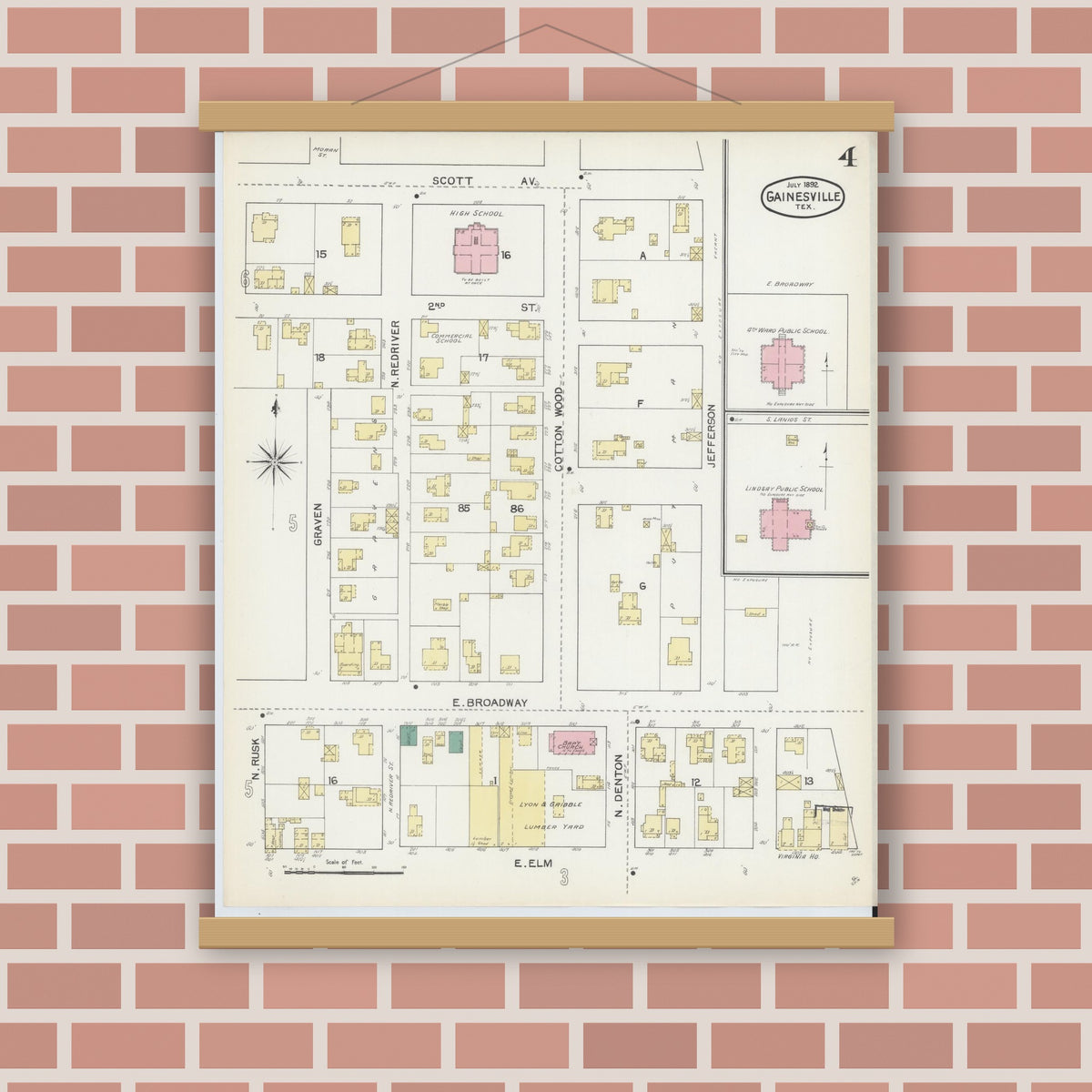 Old map wall art mockup — magnetic wood frame on brick wall — Sanborn Fire Insurance Map from Gainesville, Cooke County, Texas (1892), Sheet #0004