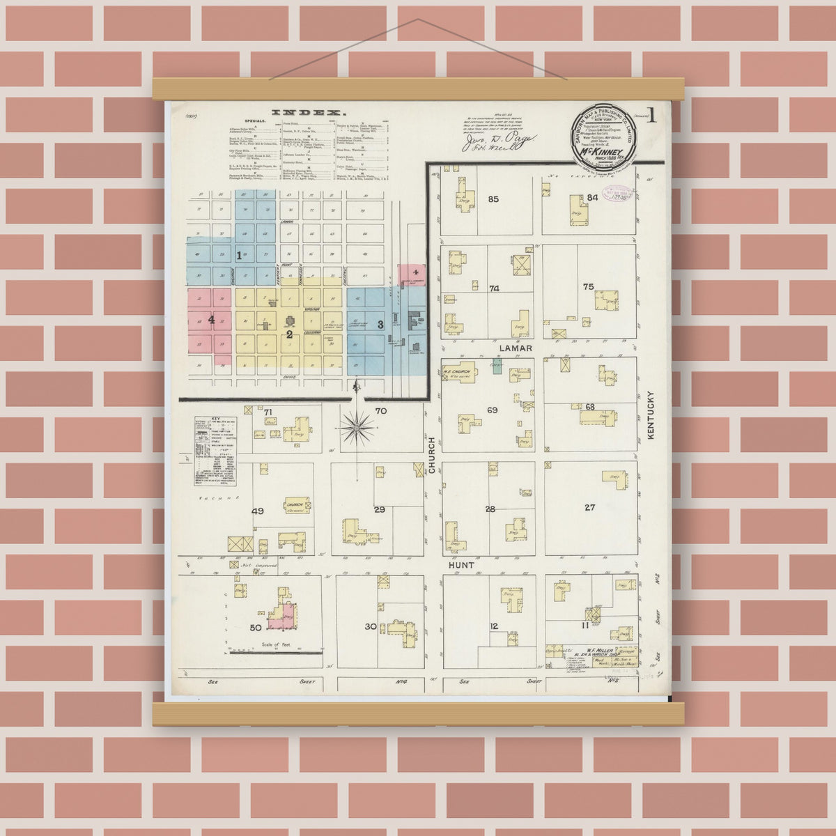 Old map wall art mockup — magnetic wood frame on brick wall — Sanborn Fire Insurance Map from McKinney, Collin County, Texas (1888), Sheet #0001