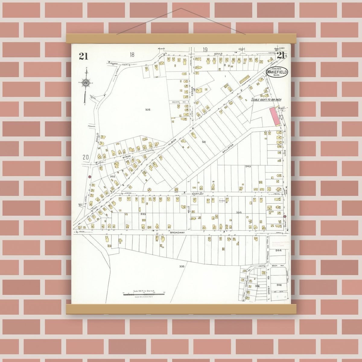 Old map wall art mockup — magnetic wood frame on brick wall — Sanborn Fire Insurance Map from Wakefield, Middlesex County, Massachusetts (1923), Sheet #0021