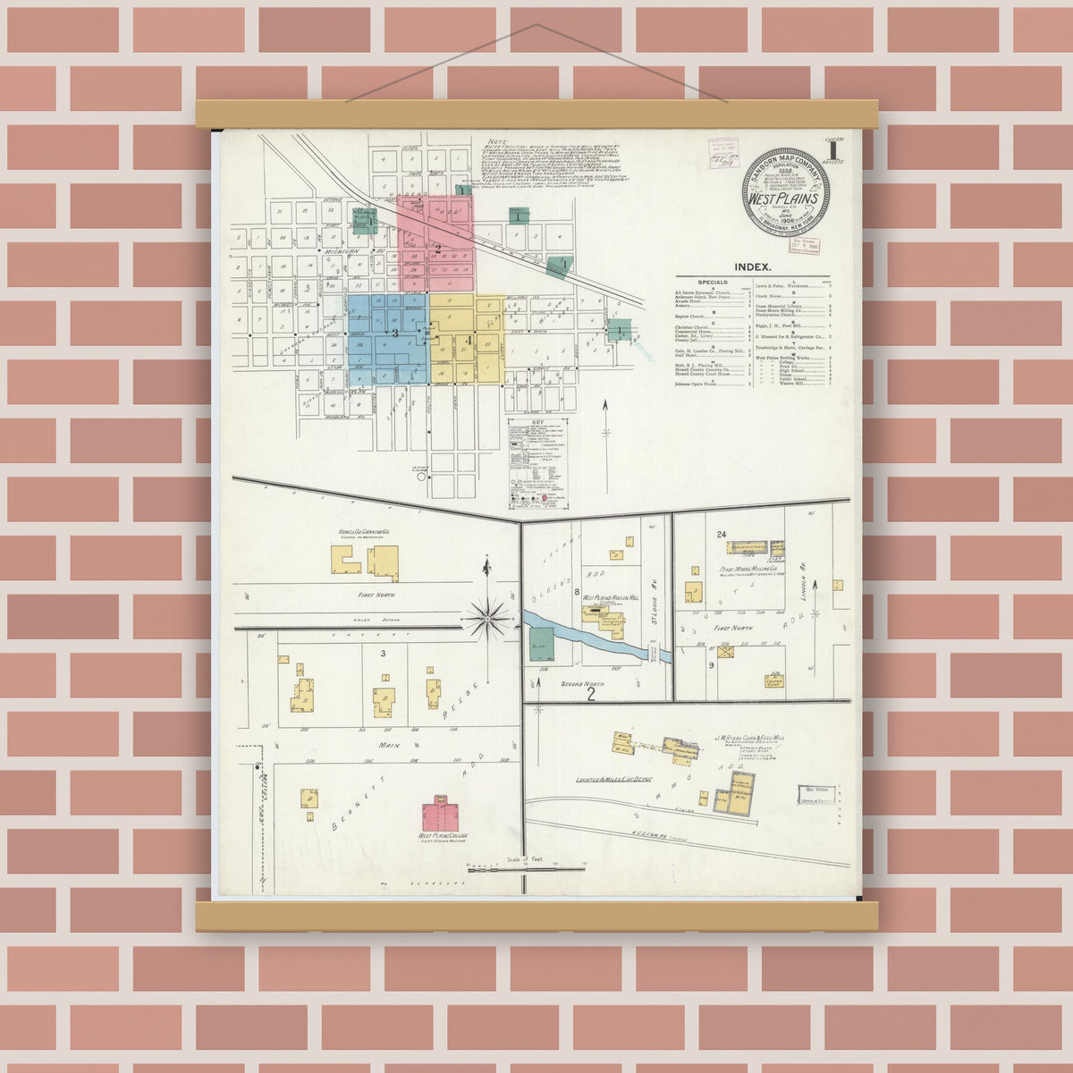 Old map wall art mockup — magnetic wood frame on brick wall — Sanborn Fire Insurance Map from West Plains, Howell County, Missouri (1906), Sheet #0001