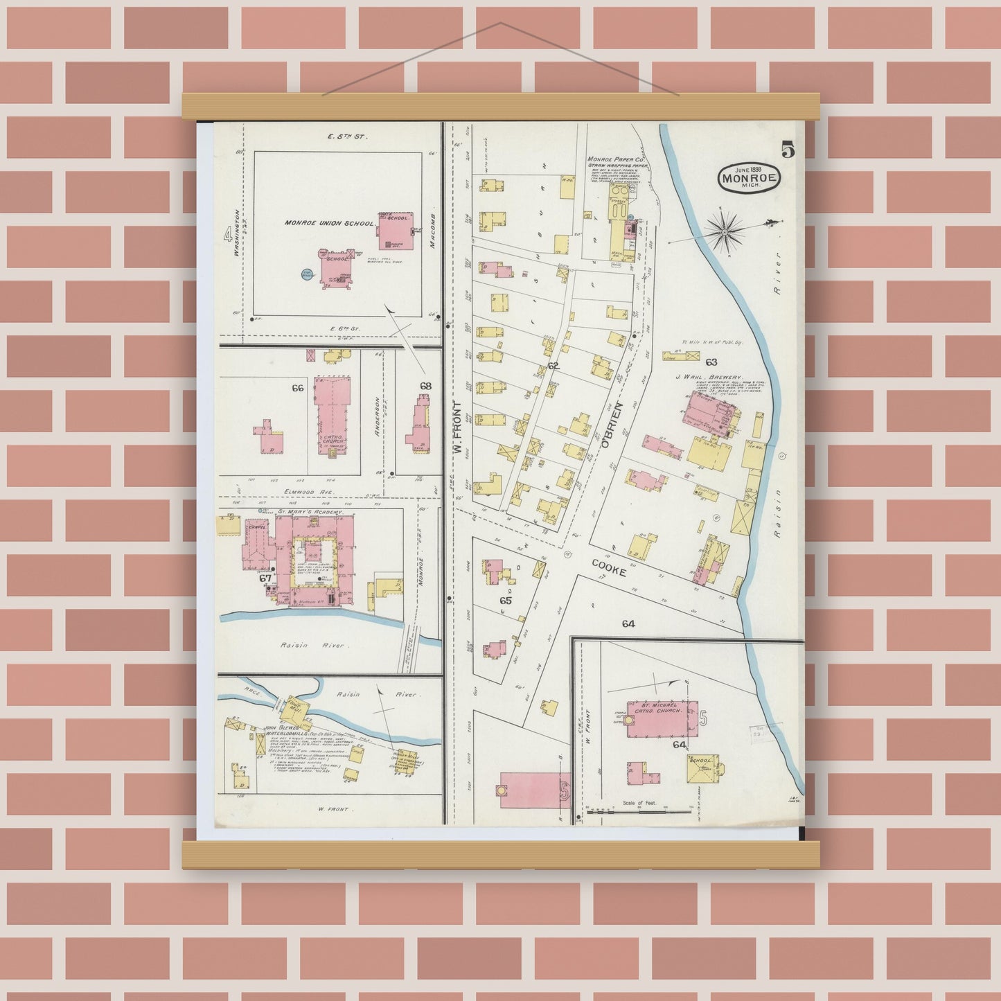 Old map wall art mockup — magnetic wood frame on brick wall — Sanborn Fire Insurance Map from Monroe, Monroe County, Michigan (1893), Sheet #0005