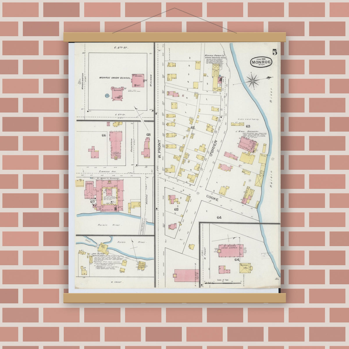 Old map wall art mockup — magnetic wood frame on brick wall — Sanborn Fire Insurance Map from Monroe, Monroe County, Michigan (1893), Sheet #0005