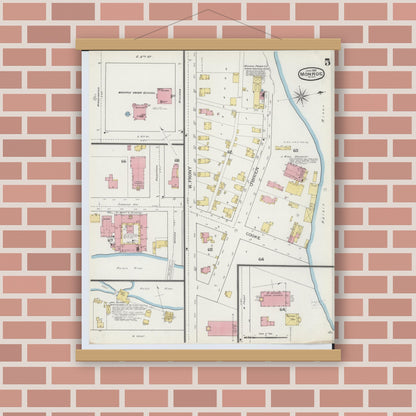 Old map wall art mockup — magnetic wood frame on brick wall — Sanborn Fire Insurance Map from Monroe, Monroe County, Michigan (1893), Sheet #0005