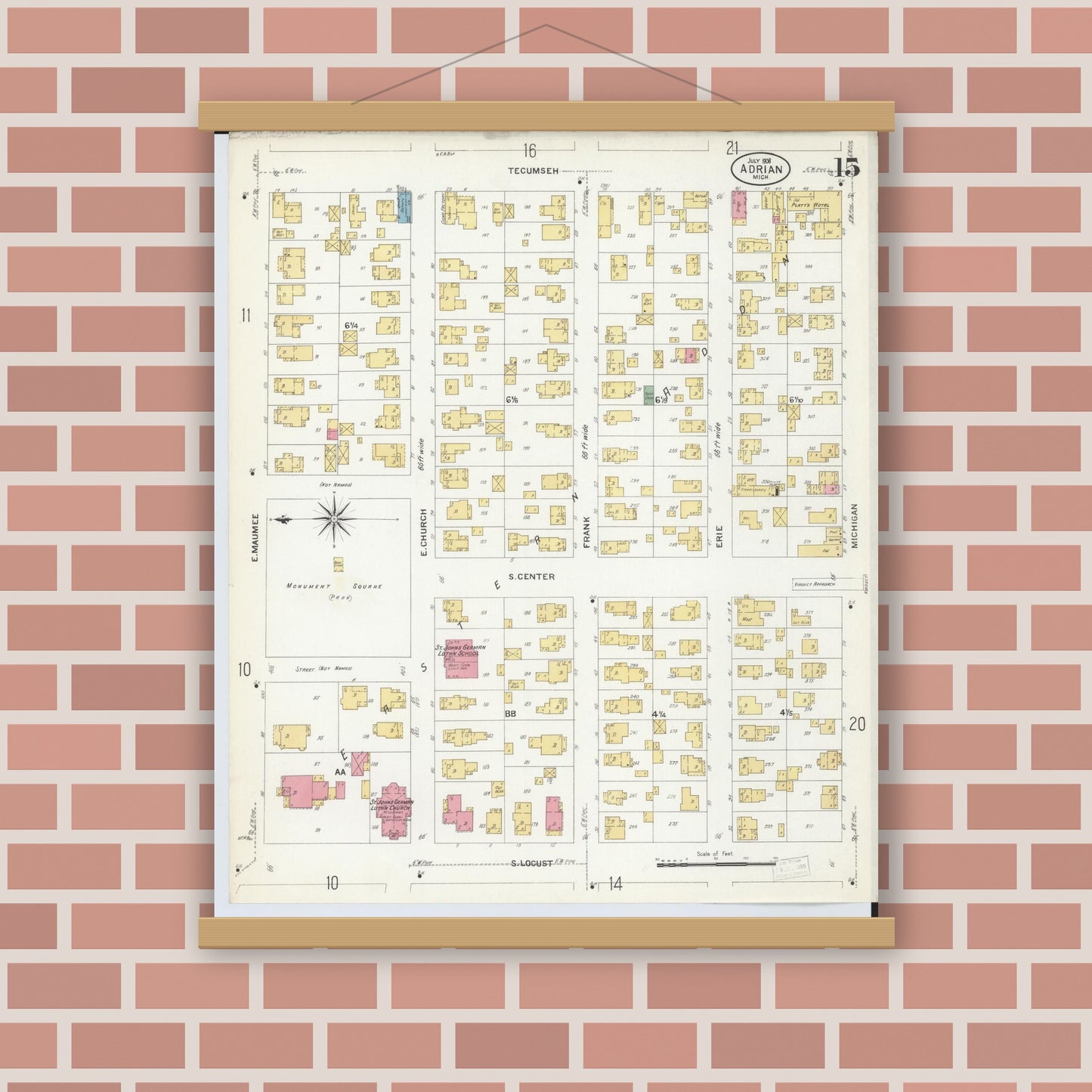 Old map wall art mockup — magnetic wood frame on brick wall — Sanborn Fire Insurance Map from Adrian, Lenawee County, Michigan (1908), Sheet #0015