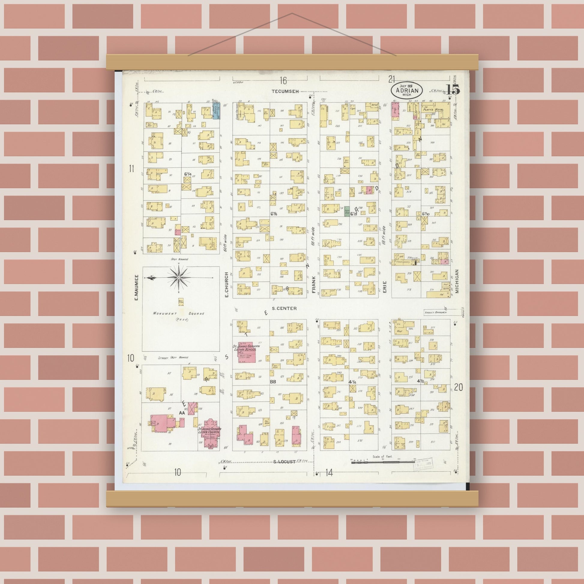 Old map wall art mockup — magnetic wood frame on brick wall — Sanborn Fire Insurance Map from Adrian, Lenawee County, Michigan (1908), Sheet #0015