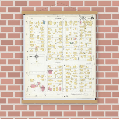 Old map wall art mockup — magnetic wood frame on brick wall — Sanborn Fire Insurance Map from Adrian, Lenawee County, Michigan (1908), Sheet #0015