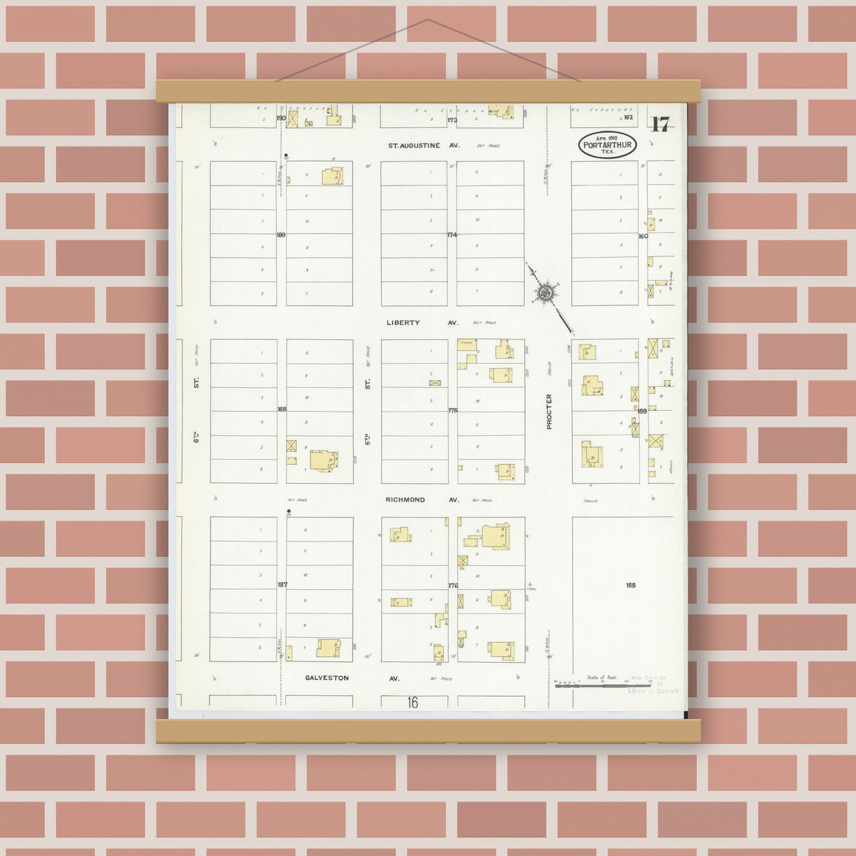 Old map wall art mockup — magnetic wood frame on brick wall — Sanborn Fire Insurance Map from Port Arthur, Jefferson County, Texas (1910), Sheet #0017