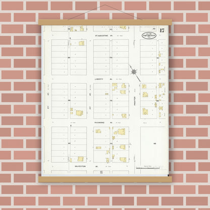Old map wall art mockup — magnetic wood frame on brick wall — Sanborn Fire Insurance Map from Port Arthur, Jefferson County, Texas (1910), Sheet #0017