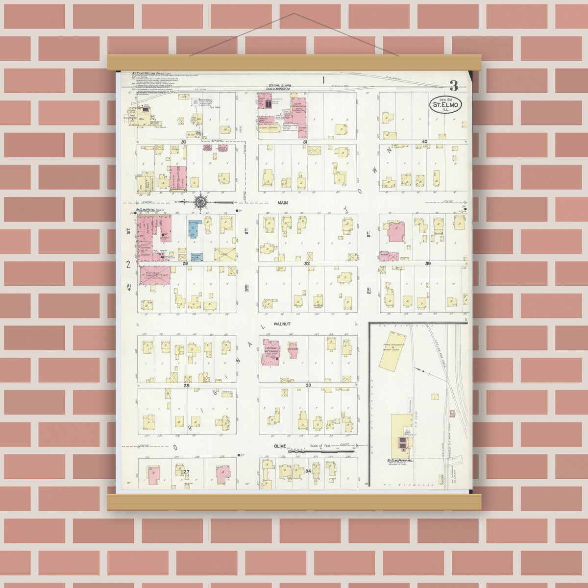 Old map wall art mockup — magnetic wood frame on brick wall — Sanborn Fire Insurance Map from Saint Elmo, Fayette County, Illinois (1912), Sheet #0003