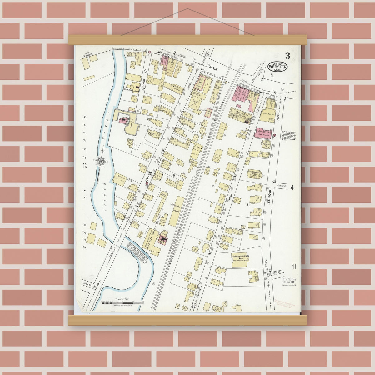 Old map wall art mockup — magnetic wood frame on brick wall — Sanborn Fire Insurance Map from Webster, Worcester County, Massachusetts (1920), Sheet #0003