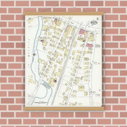 Old map wall art mockup — magnetic wood frame on brick wall — Sanborn Fire Insurance Map from Webster, Worcester County, Massachusetts (1920), Sheet #0003