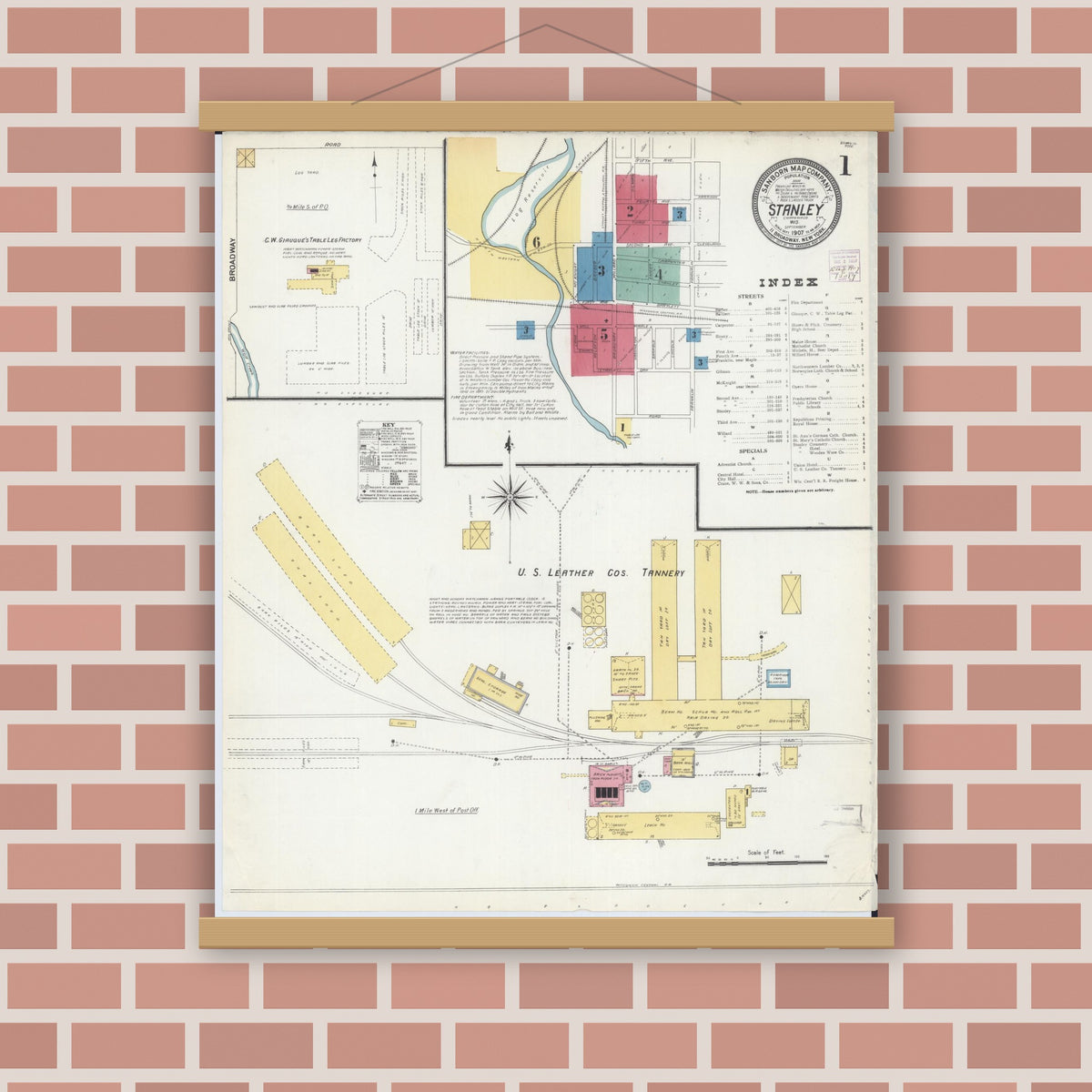 Old map wall art mockup — magnetic wood frame on brick wall — Sanborn Fire Insurance Map from Stanley, Chippewa County, Wisconsin (1907), Sheet #0001