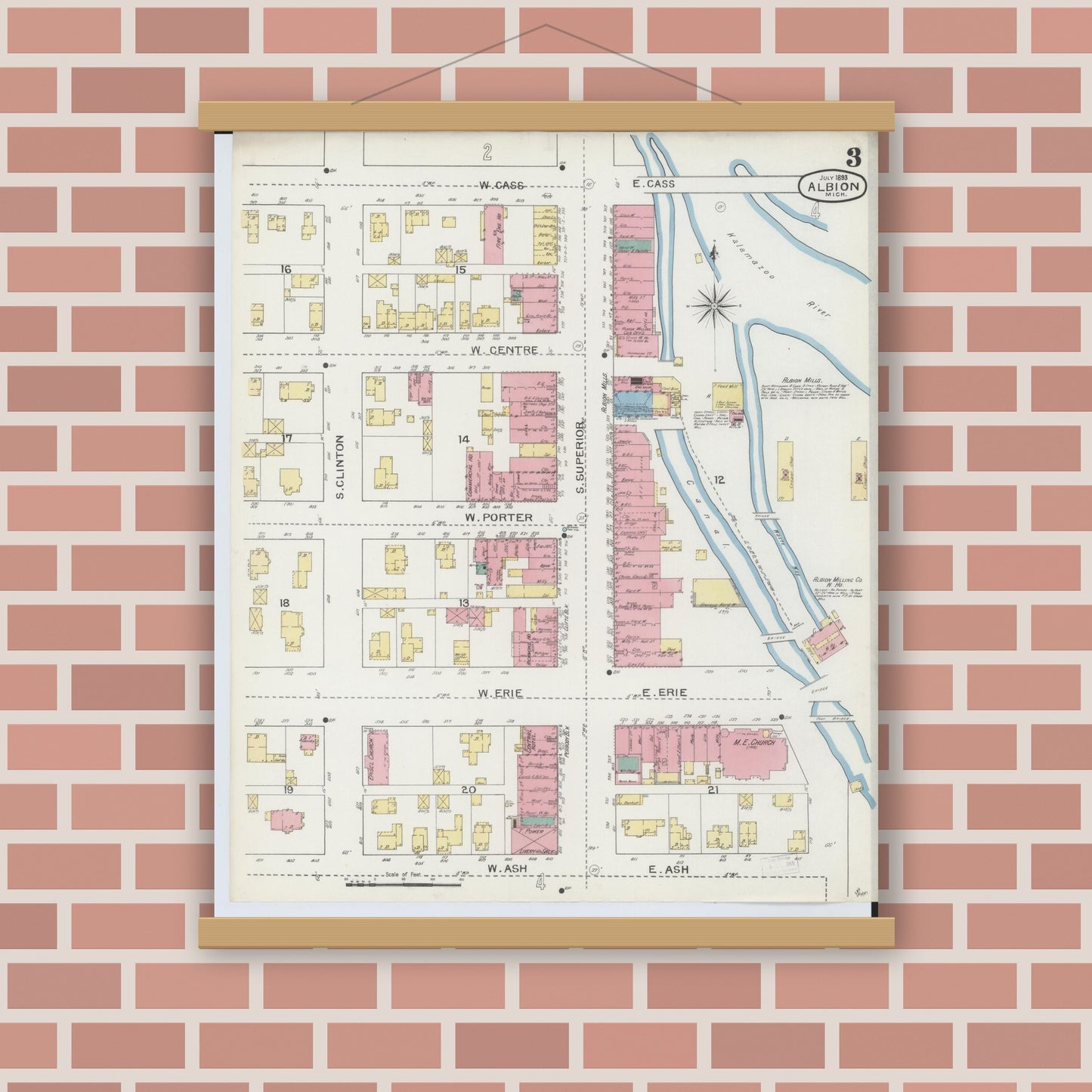 Old map wall art mockup — magnetic wood frame on brick wall — Sanborn Fire Insurance Map from Albion, Calhoun County, Michigan (1893), Sheet #0003
