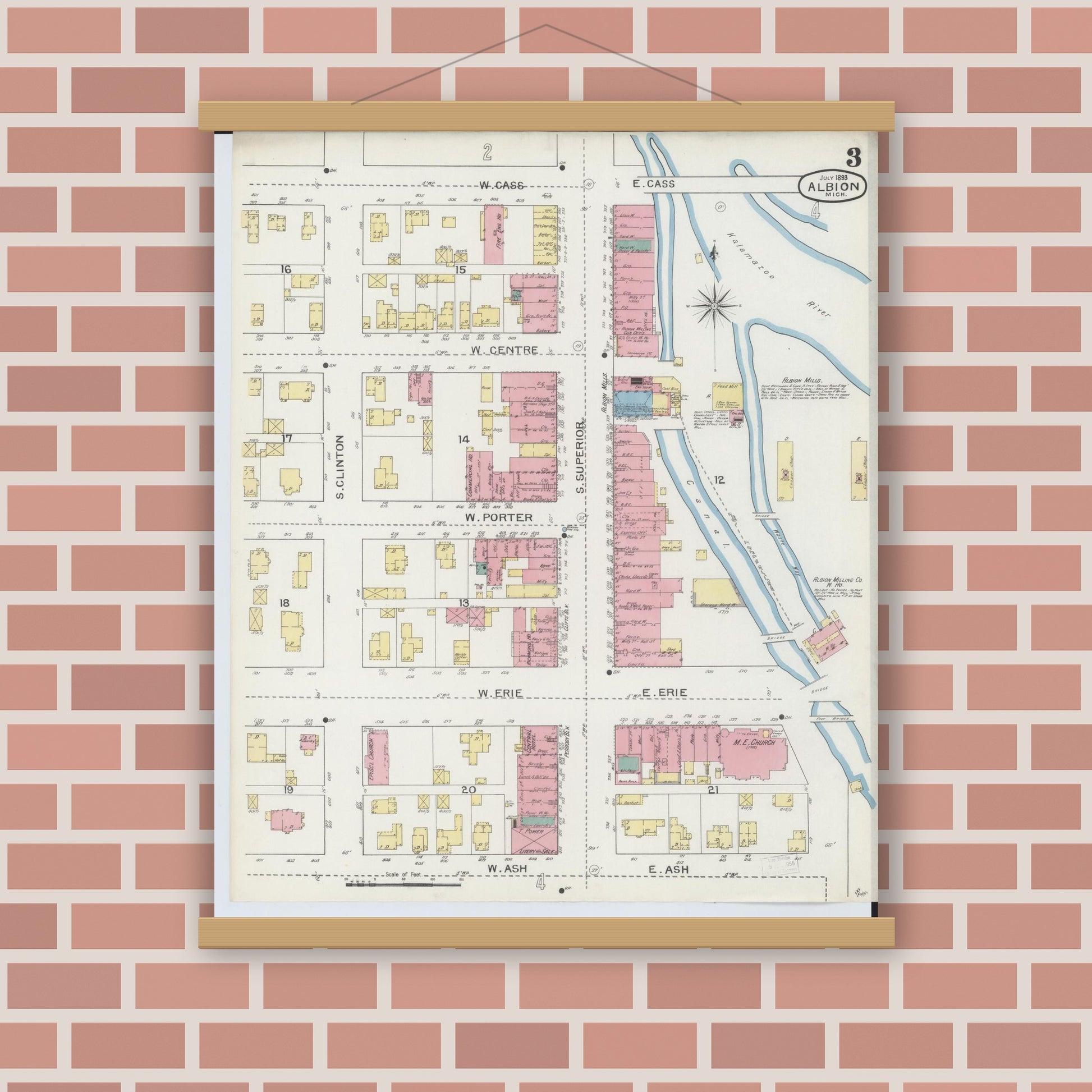 Old map wall art mockup — magnetic wood frame on brick wall — Sanborn Fire Insurance Map from Albion, Calhoun County, Michigan (1893), Sheet #0003