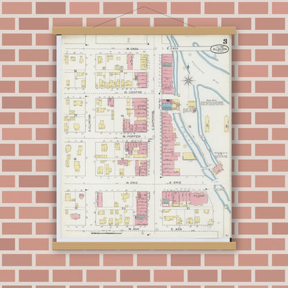 Old map wall art mockup — magnetic wood frame on brick wall — Sanborn Fire Insurance Map from Albion, Calhoun County, Michigan (1893), Sheet #0003