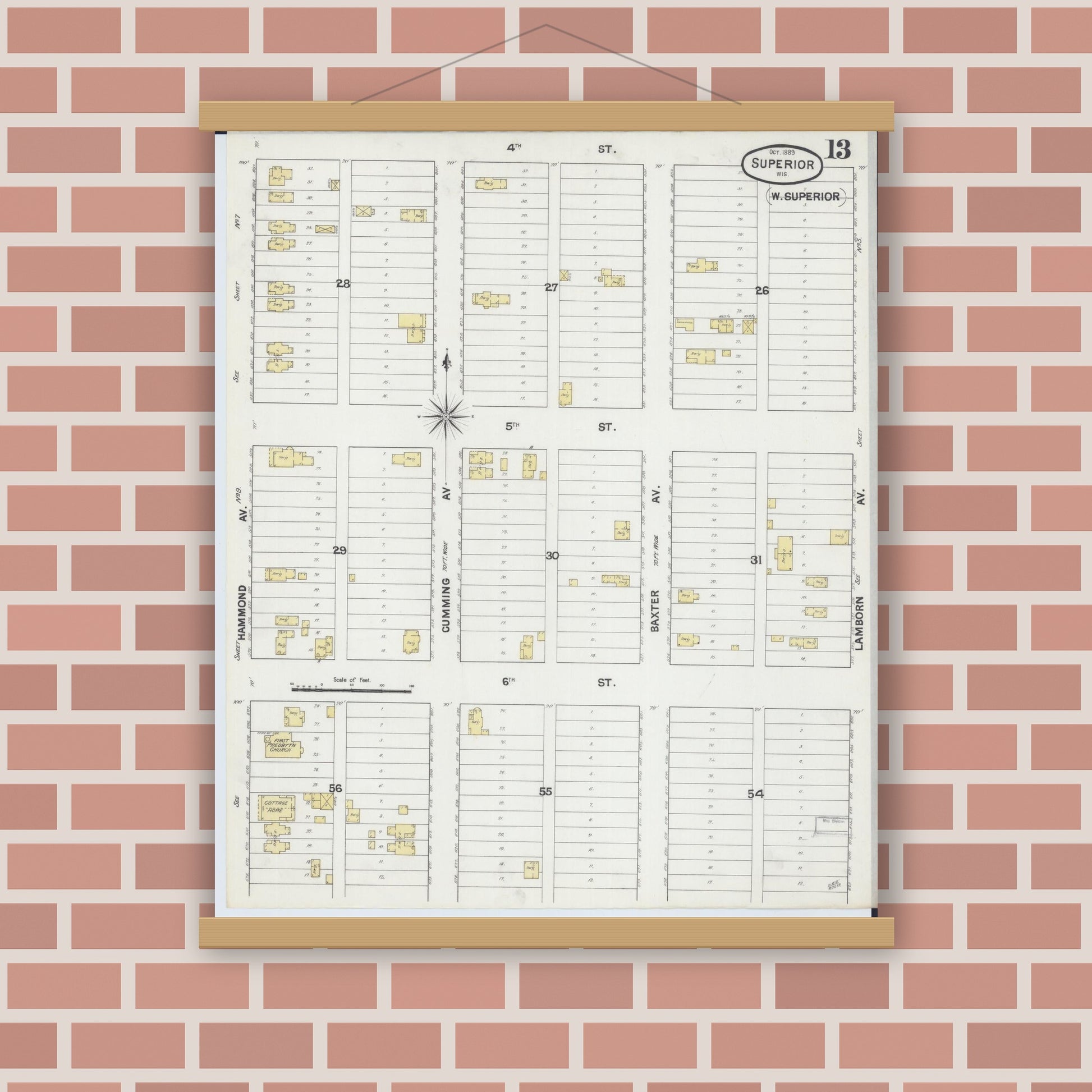 Old map wall art mockup — magnetic wood frame on brick wall — Sanborn Fire Insurance Map from Superior, Douglas County, Wisconsin (1889), Sheet #0013