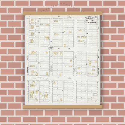 Old map wall art mockup — magnetic wood frame on brick wall — Sanborn Fire Insurance Map from Superior, Douglas County, Wisconsin (1889), Sheet #0013
