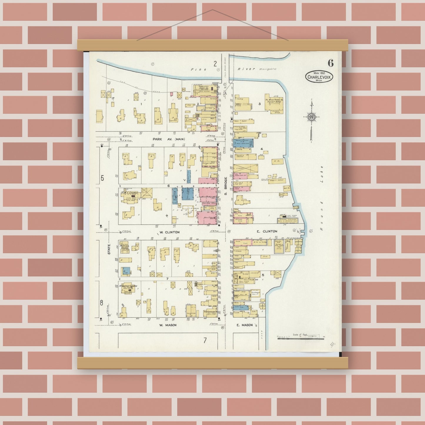 Old map wall art mockup — magnetic wood frame on brick wall — Sanborn Fire Insurance Map from Charlevoix, Charlevoix County, Michigan (1912), Sheet #0006