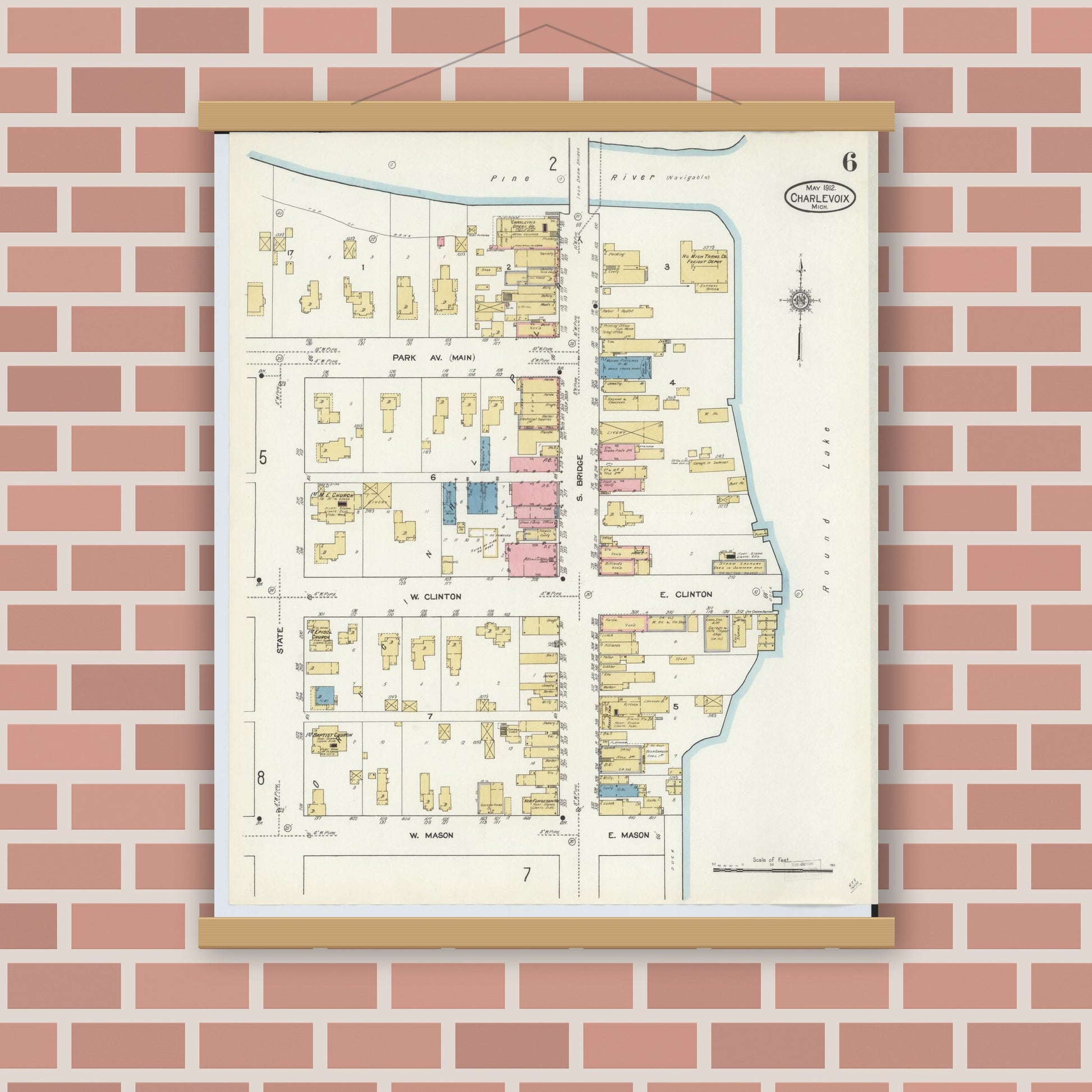 Old map wall art mockup — magnetic wood frame on brick wall — Sanborn Fire Insurance Map from Charlevoix, Charlevoix County, Michigan (1912), Sheet #0006