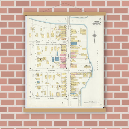 Old map wall art mockup — magnetic wood frame on brick wall — Sanborn Fire Insurance Map from Charlevoix, Charlevoix County, Michigan (1912), Sheet #0006