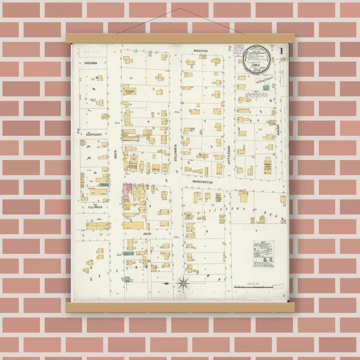 Old map wall art mockup — magnetic wood frame on brick wall — Sanborn Fire Insurance Map from Cable, Mercer County, Illinois (1901), Sheet #0001