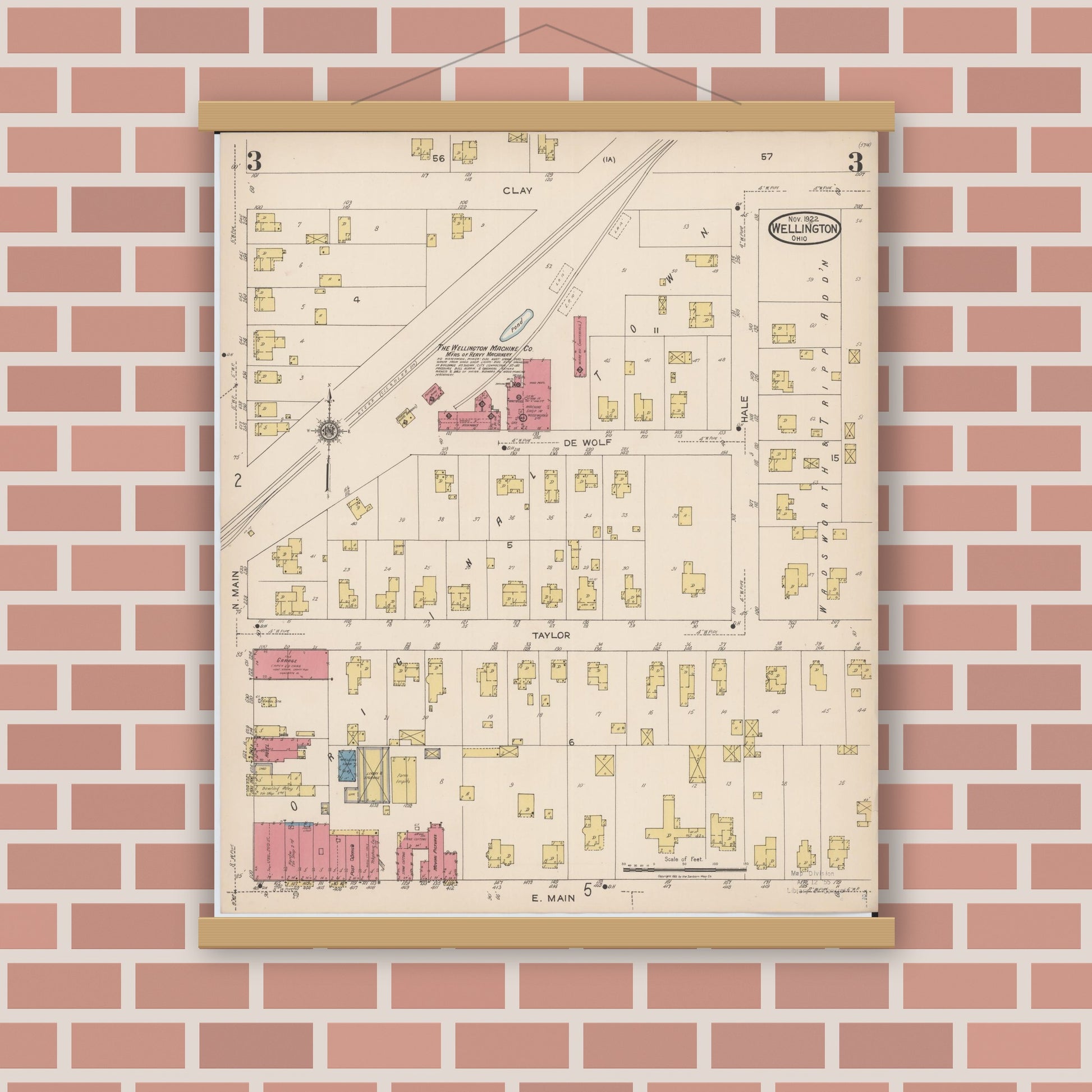 Old map wall art mockup — magnetic wood frame on brick wall — Sanborn Fire Insurance Map from Wellington, Lorain County, Ohio (1922), Sheet #0003