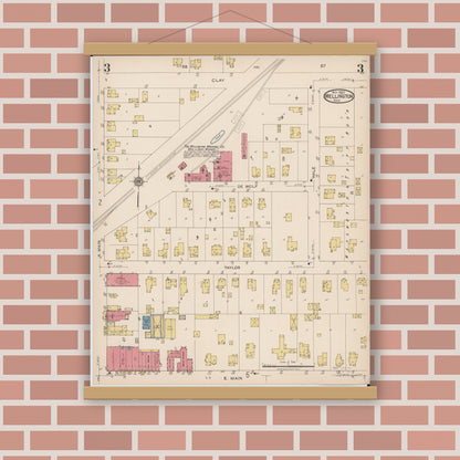 Old map wall art mockup — magnetic wood frame on brick wall — Sanborn Fire Insurance Map from Wellington, Lorain County, Ohio (1922), Sheet #0003