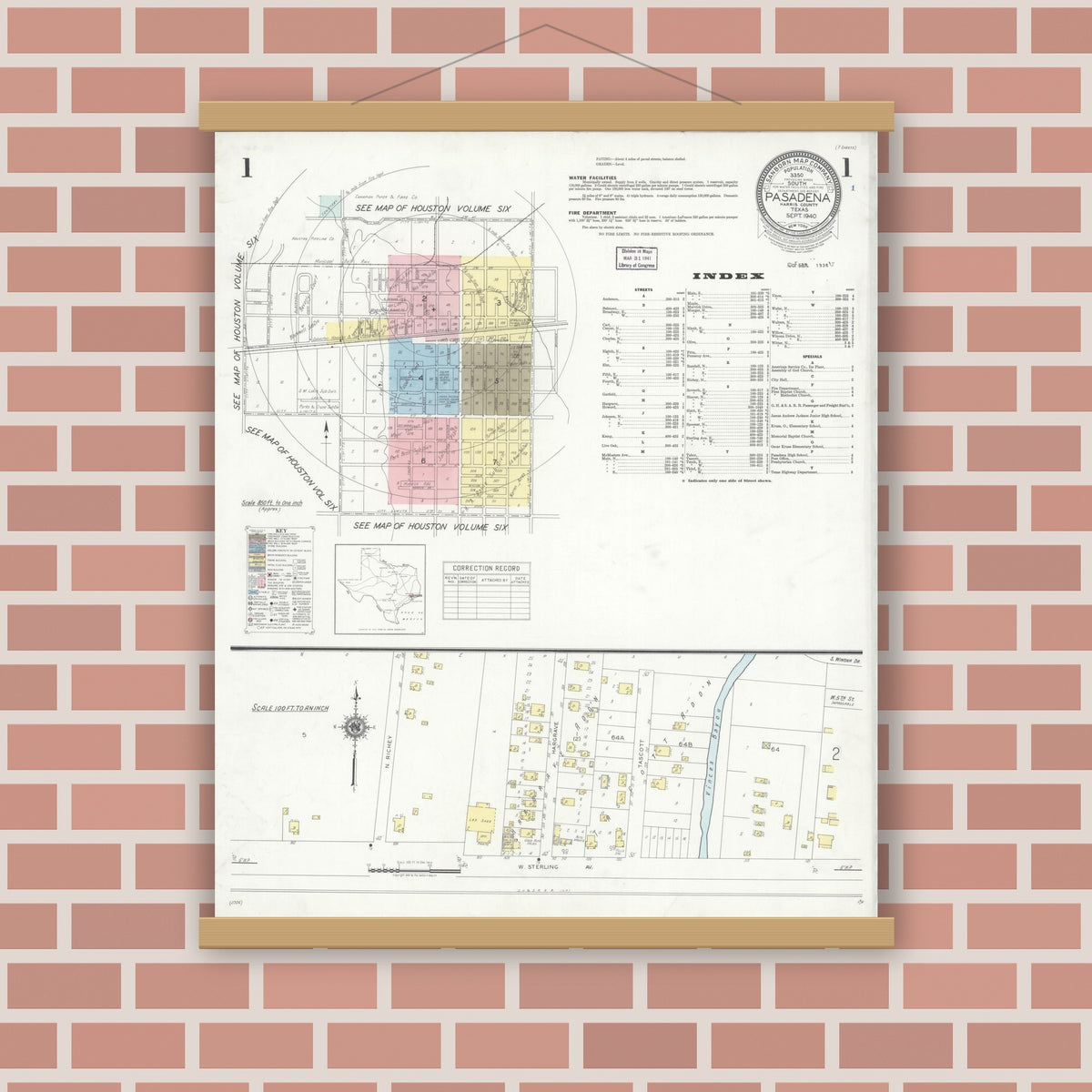 Old map wall art mockup — magnetic wood frame on brick wall — Sanborn Fire Insurance Map from Pasadena, Harris County, Texas (1940), Sheet #0001
