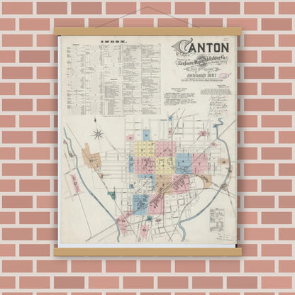 Old map wall art mockup — magnetic wood frame on brick wall — Sanborn Fire Insurance Map from Canton, Stark County, Ohio (1887), Sheet #0001