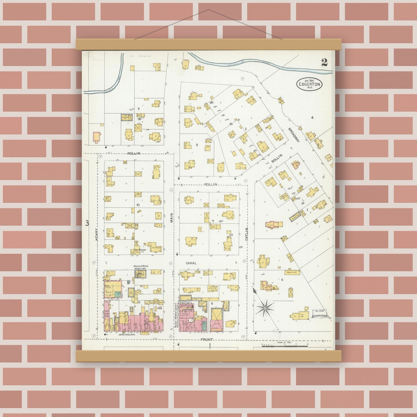 Old map wall art mockup — magnetic wood frame on brick wall — Sanborn Fire Insurance Map from Edgerton, Rock County, Wisconsin (1904) - Complete Map Set